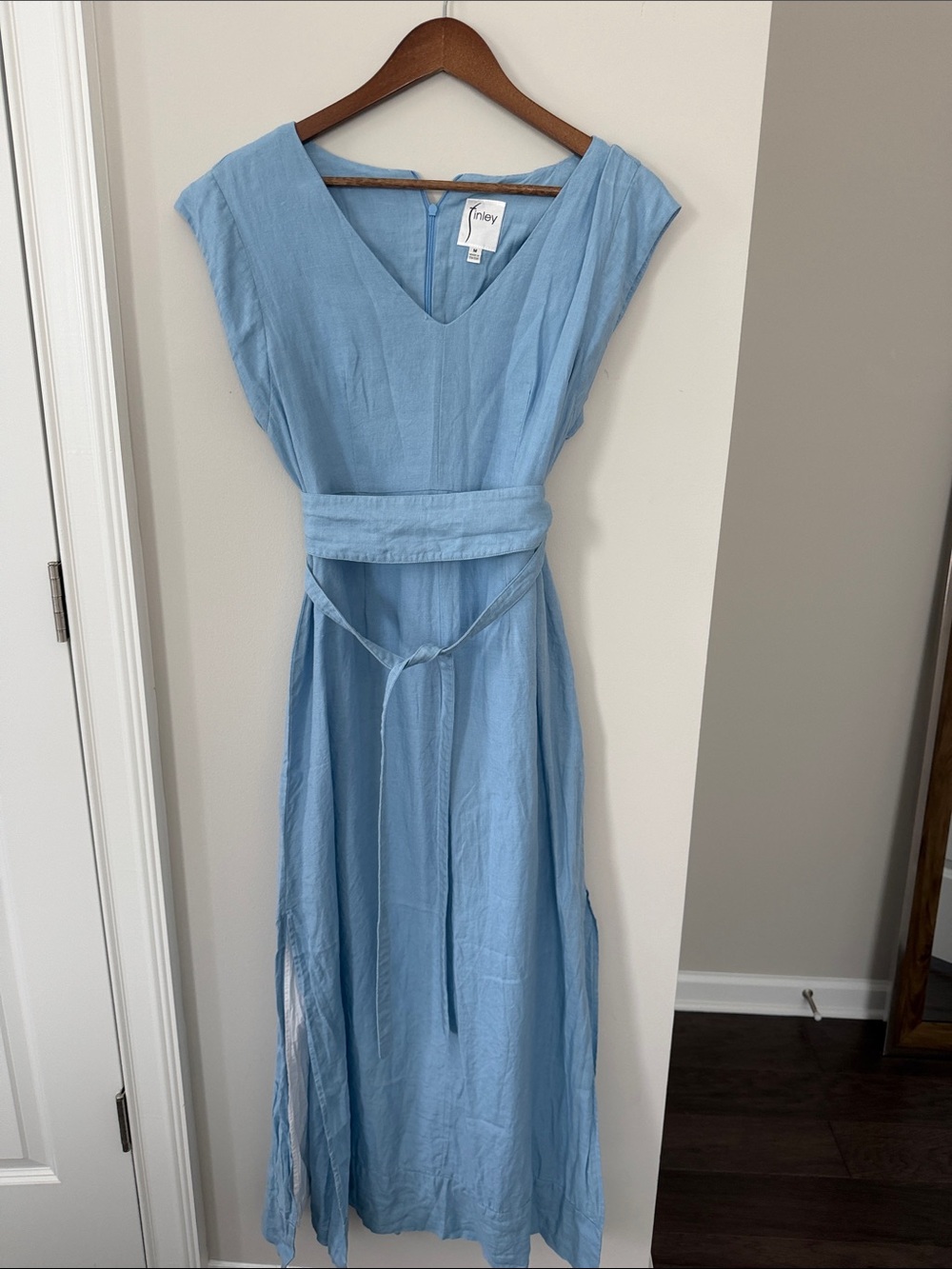 Finley Light Blue V-Neck Linen Maxi Dress with Waist Tie
